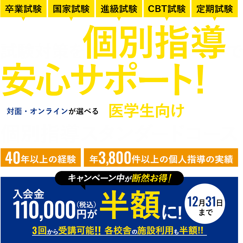 試験大作を個別指導で安心サポート。対面・オンラインが選べる医学生向け個別指導スタンダードコース